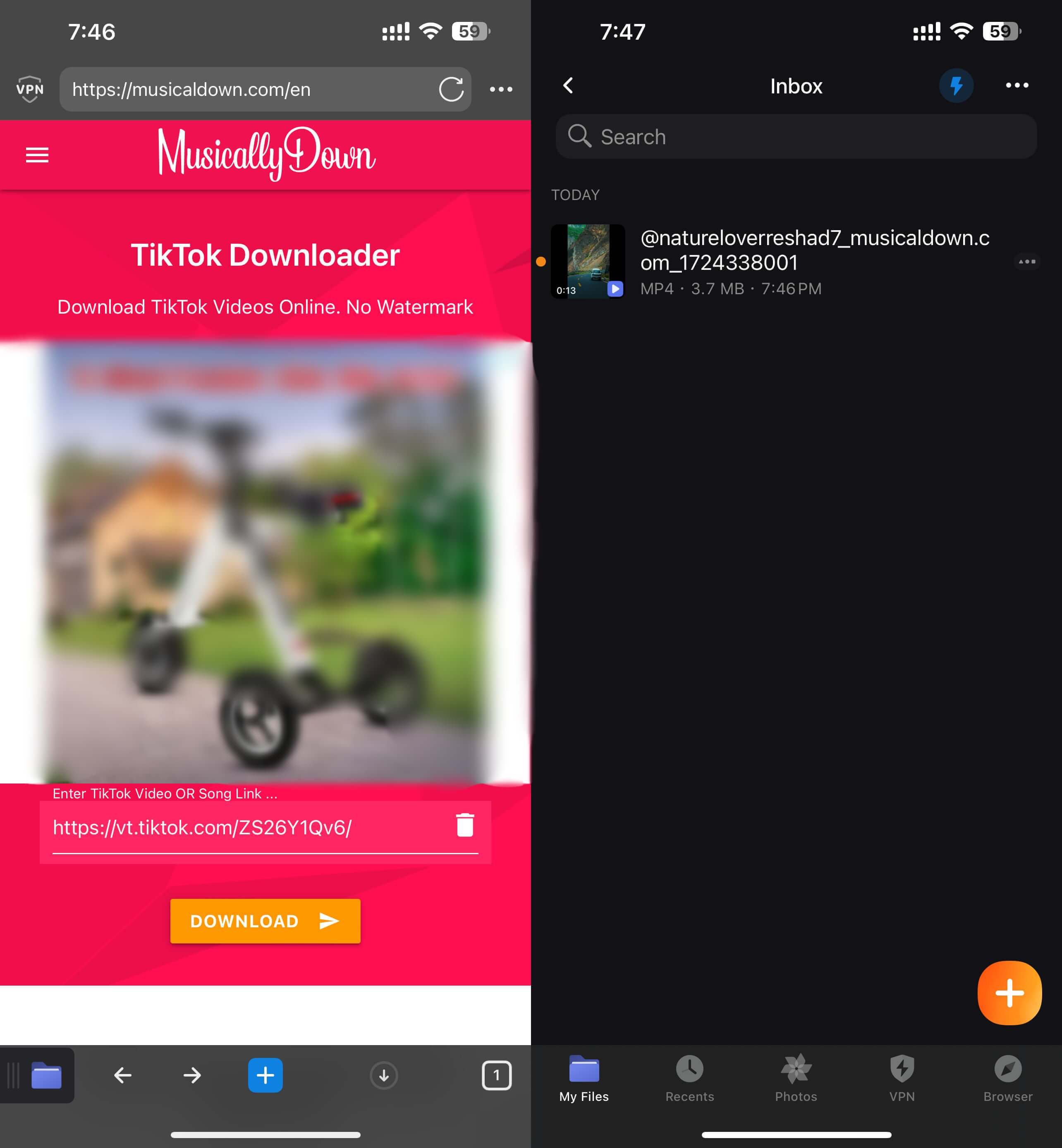 Download TikTok video without watermark using Documents by Readdle on iOS