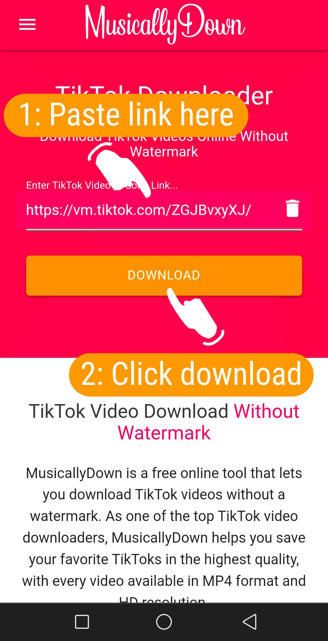 Вставить ссылку на видео ТикТок на MusicallyDown на Android